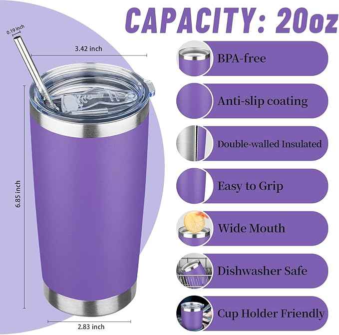 20 oz Tumbler with Lids and Straws, Stainless Steel Insulated Travel Coffee Mug, Double Wall Vacuum Insulated Tumblers, Powder Coated Coffee Tumbler for Cold & Hot Drinks (Purple)
