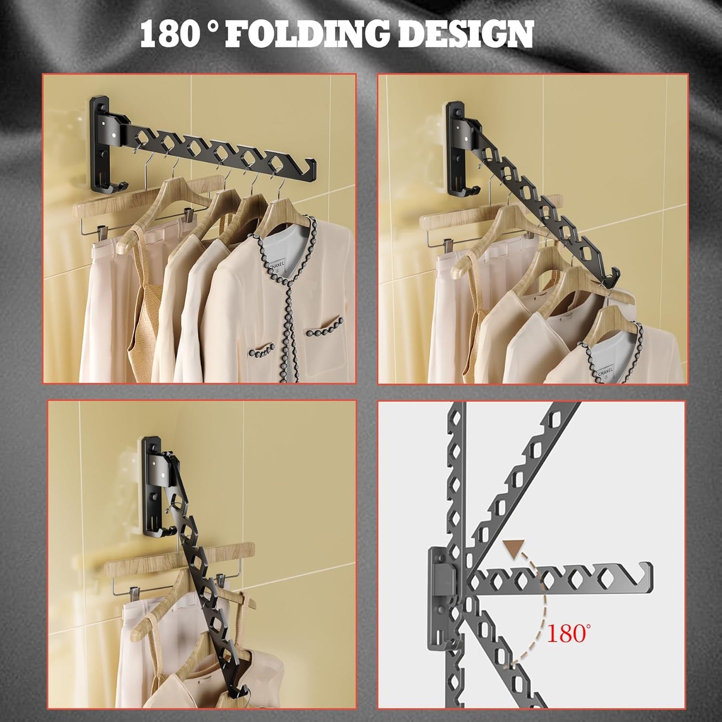 Dr.DJ Wall Mount Coat Hanger Holder Black Clothes Drying Organizer Rack Garment Hooks Aluminium Retractable Folding Indoor Wall Mounted Hanger Space Saver for Laundry Room Bedroom Black 2Pack