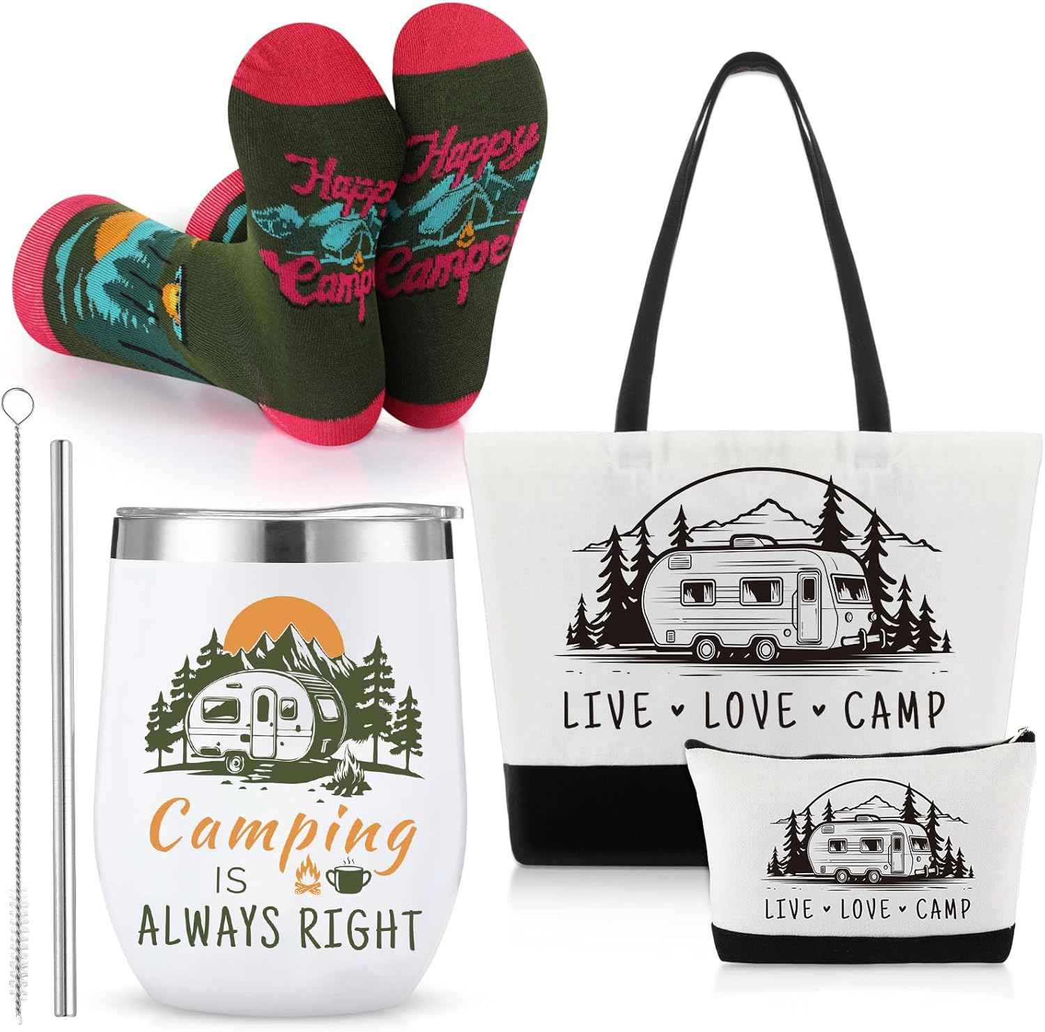 Patelai 4 Pcs Camping Gift Set Canvas Tote Bag 12 oz Stainless Steel Tumblers Socks Travel Makeup Bag Rv Camper Gifts for Women Men Picnics Hiking
