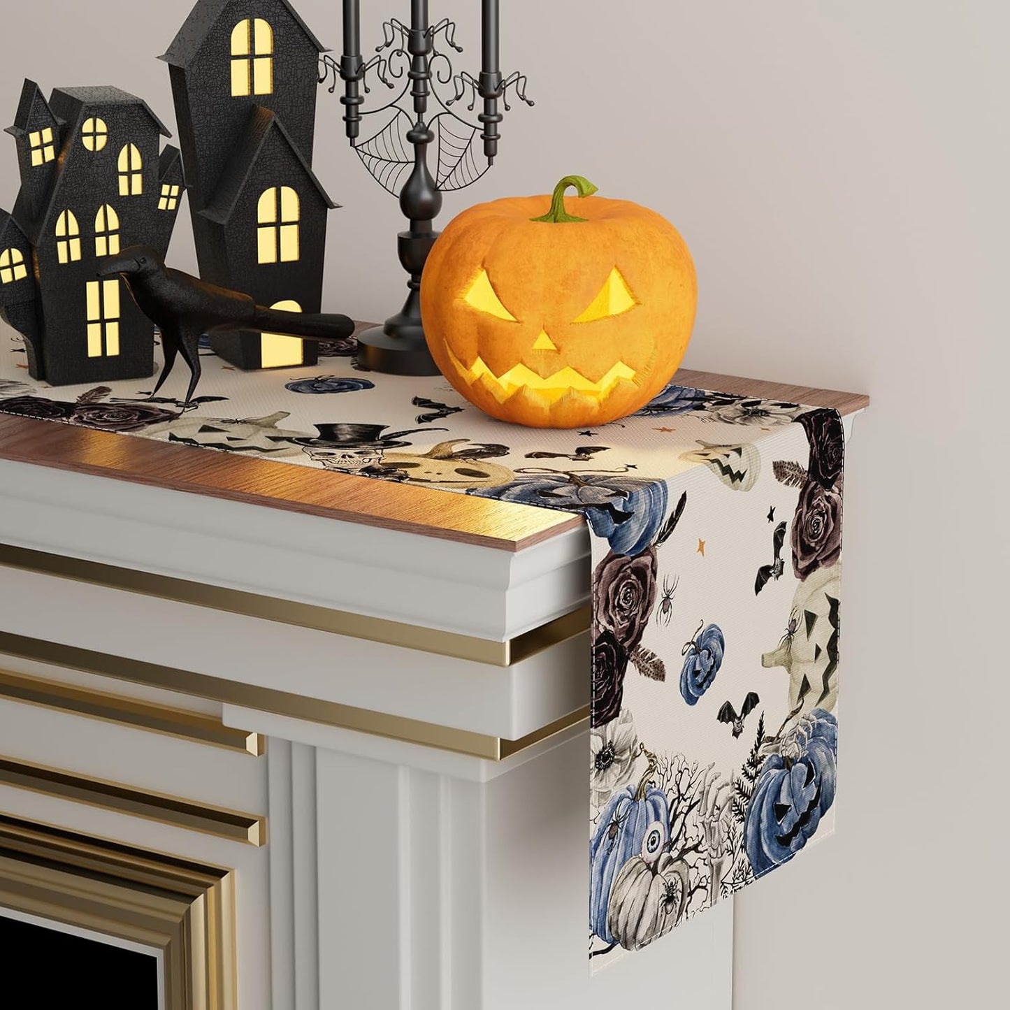 XCHI Spooky Blue Pumpkin Halloween Table Runner Party Table Decoration for Home Kitchen Dining Holiday Decor 13x48 Inch