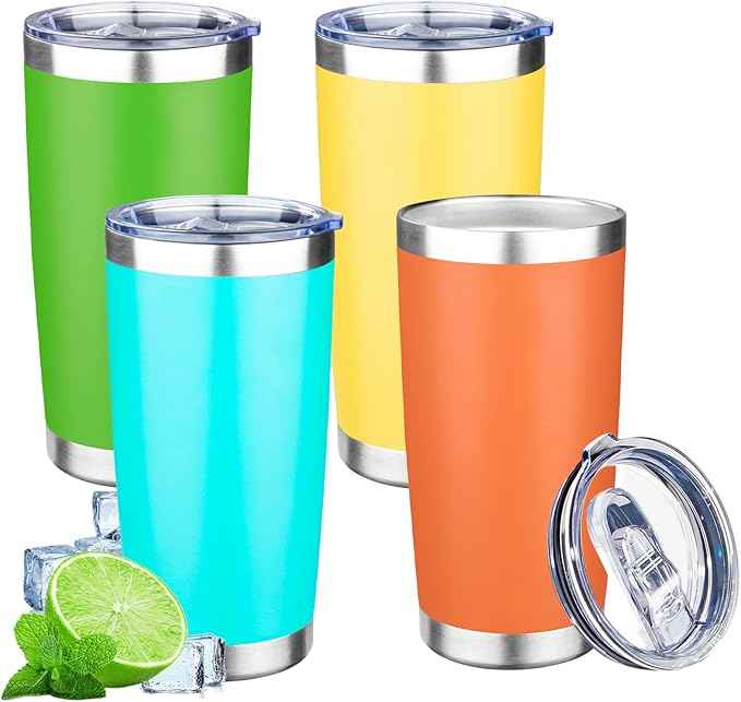 20oz Tumbler with Lid Double Wall Vacuum Insulated Travel Coffee Mug Stainless Steel Thermal Cup Powder Coated Sturdy Coffee Tumbler Bulk for Hot and Cold Beverages (Green-Teal-Orange-Yellow,4)
