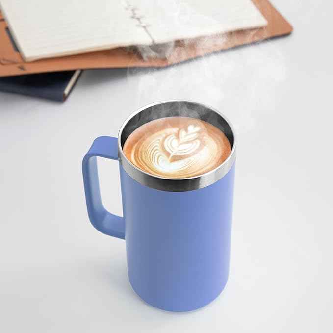 DOMICARE 24oz Mug with Handle and Lid, Stainless Steel Coffee Mug, Travel Mug with Handle, Double Wall Vacuum Coffee Tumbler, Reusable Insulated Cup, Blue, Pack 8