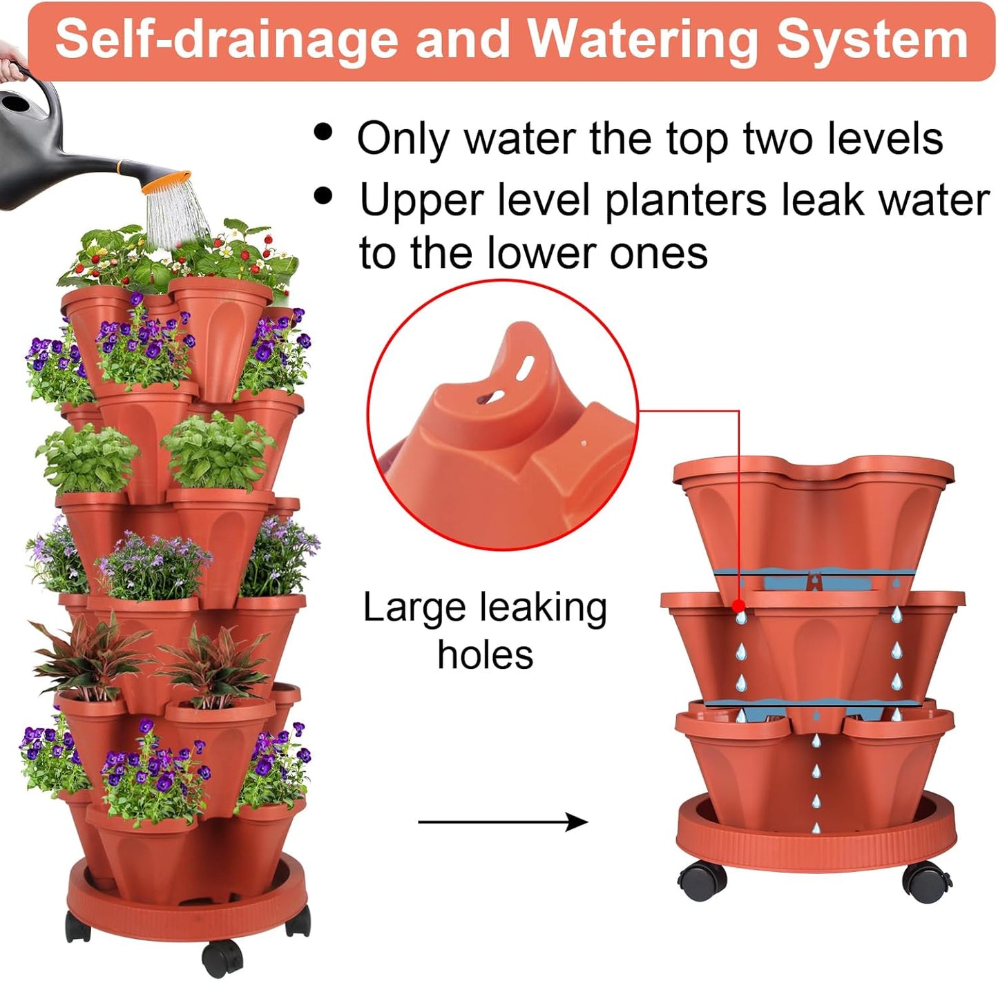 Vertical Planter 6 Tier Stackable Planters Garden Planters Strawberry Herb Flower and Vegetable Planter Indoor Outdoor Gardening Pots with Removable Wheels and Tools