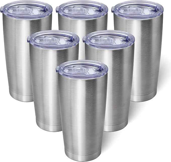 AIANJI 20oz Tumbler Bulk Stainless Steel Tumblers with Lid Vacuum Insulated Double Wall Travel Coffee Mug Powder Coated Tumbler Cup for Hot and Cold Drinks(Stainless Steel, 6 pack)