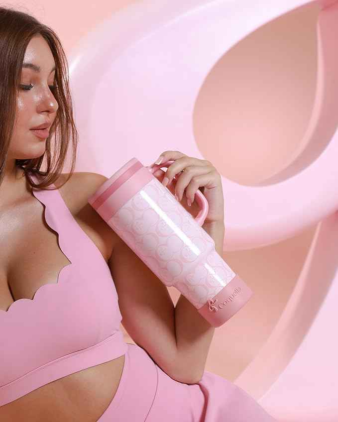 40 oz Insulated Tumbler with Handle and Push-Button Straw Lid, Stainless Steel Travel Cup for Gym Office, Leakproof, BPA-Free, Cup Holder Friendly, Bow Silicone Boot, Pink (C’ Blush)