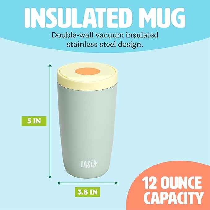 Tasty 12oz Insulated Stainless Steel Push Mug, Leak-Proof Lid with One-Hand Open/Close Button, Travel Coffee Cup, Double Wall Vacuum Flask, Aqua Blue
