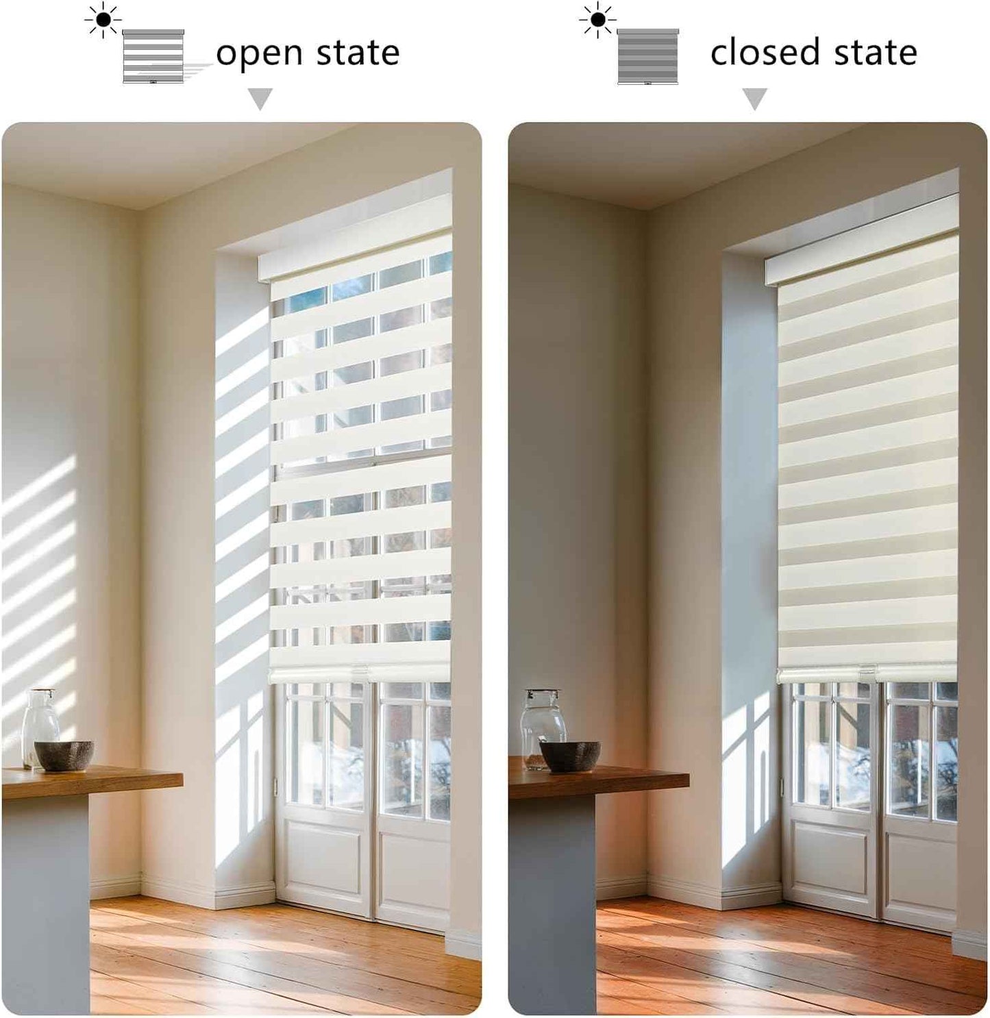 AOSKY Cordless Zebra Blinds for Windows Pull Down Roller Window Shades Dual Layer Light Filtering Privacy for Day and Night, Free-Stop Door Shades for Home Easy to Install (60" W X 72" H, Beige)