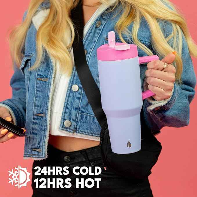 Elemental 32 oz 100% Leak Proof Tumbler with Handle & Straw - Stainless Steel Double Wall Insulated Tumbler for Hot and Cold Beverages - Travel Coffee Mug with Sip & Straw Lid - Lilac Tie Dye