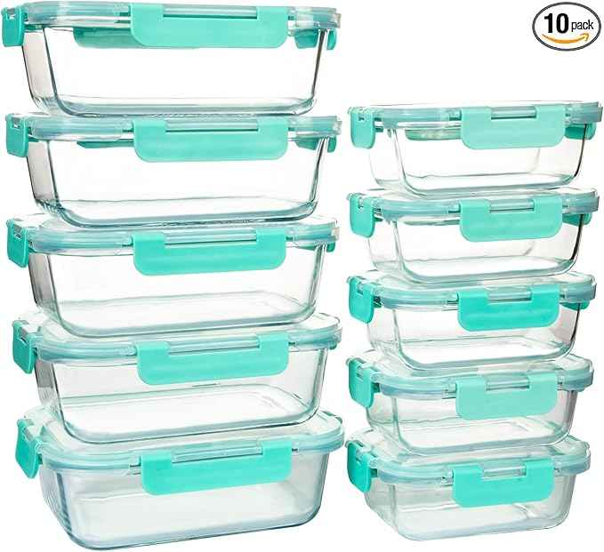 UMEIED 10 PACK Glass Food Storage Containers with Leak Proof Lids, Glass Airtight Meal Prep Containers Set for Lunch, On the Go, Leftover, Kitchen Pantry Organizers and Storage (Mint Green)