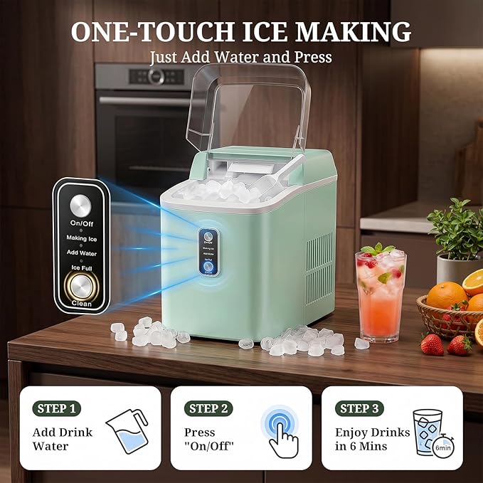 Nugget Ice Maker Countertop, 6-Min Fast Chewable Pellet Ice, 24lbs/24H Portable Ice Machine with Self-Cleaning, Ice Full & Low Water Indicator, Basket & Scoop for Home, Party, RV, Camping (Green)