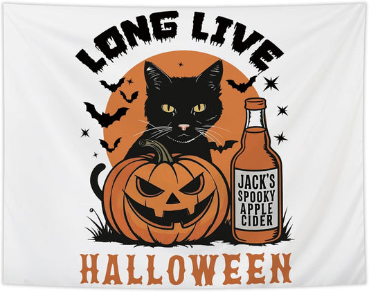 NATSUNO Halloween Tapestry, Long Live Halloween Wall Tapestry for Bedroom, Trendy Black Cat Pumpkin Apple Cider and Bats Tapestries Wall Hanging for Home Living Room Decor, 50x60 Inches