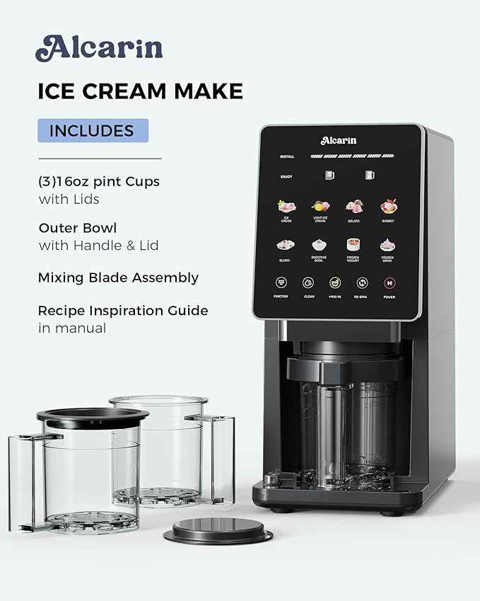 Alcarin Electric Ice Cream Maker Machine for Homemade, Frozen Treat, Gelato, Yorgurt, Sorbet, Mix-in & More, 10 One-Touch Programs with 3 Pints, Keto, Vegan, Dairy-Free Options(Not Freezer)