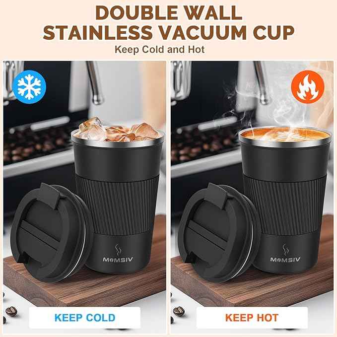 MOMSIV 12oz Travel Mug, Insulated Coffee Cup with Leakproof Lid, Vacuum Stainless Steel Double Walled Reusable Tumbler for Hot and Cold Water Coffee and Tea In Travel and Car (Black - 380ml)