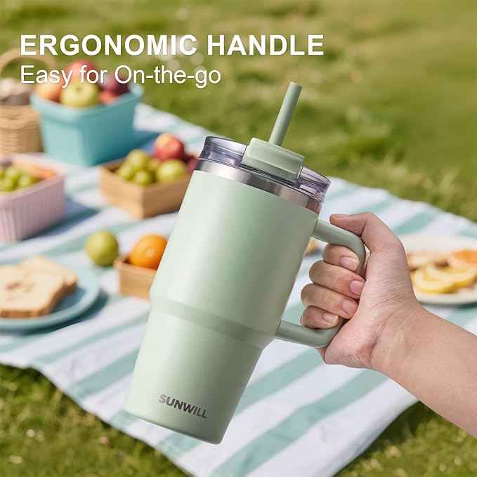 SUNWILL Travel Coffee Mug with Lid, 20 oz Tumbler with Handle and Straw Leak Proof, Stainless Steel Cup Insulated for Office & Gym, Cupholder Friendly, Powder Coated Matcha Cream