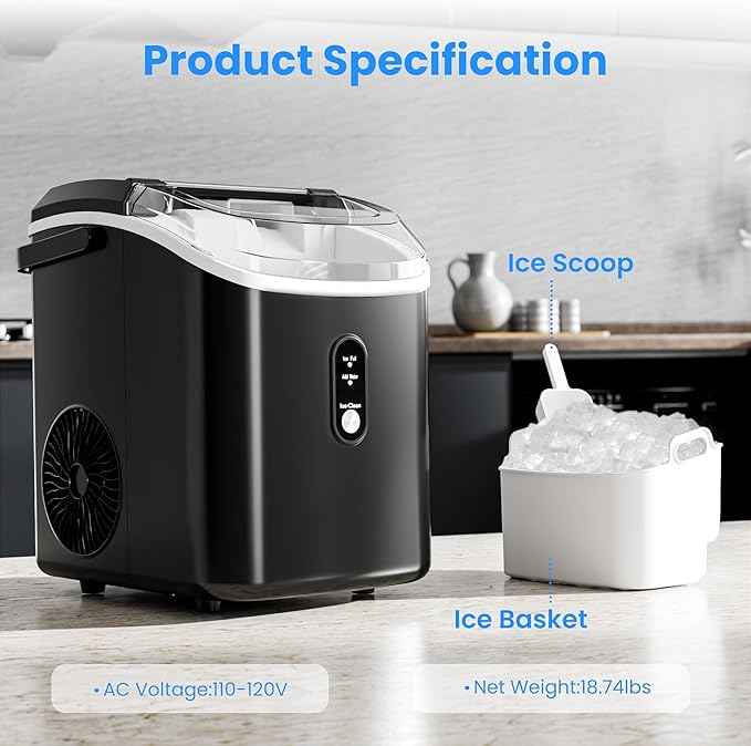 Antarctic Star Nugget Ice Makers Countertop with Self-Cleaning, 35lbs/24H, Portable Sonic Ice Maker Machine with Handle/Basket/Scoop for Home, Kitchen, Office, Camping(Black)