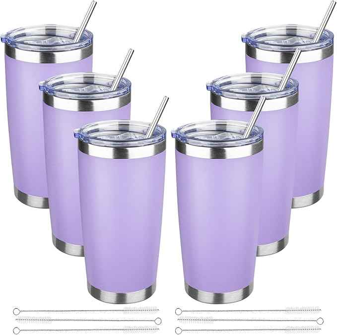 20 oz Tumbler with Lids and Straws, Stainless Steel Insulated Travel Coffee Mug, Double Wall Vacuum Insulated Tumblers, Powder Coated Coffee Tumbler for Cold & Hot Drinks (Light Purple,6pack)