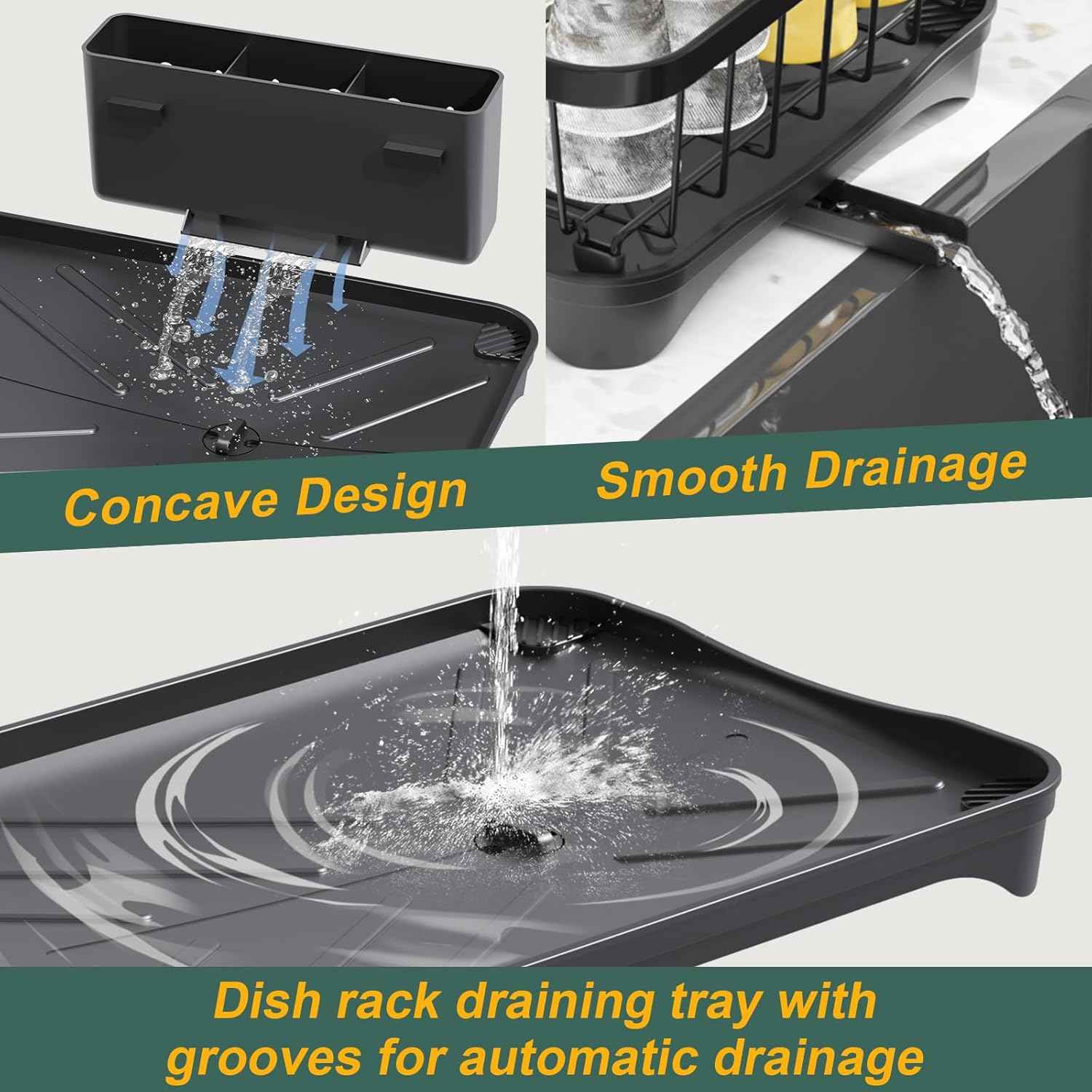 LIYI Dish Drying Rack,Adjustable Spout Design,Kitchen Dish Racks,Made of Iron Material,with Removable Draining Board,Suitable for Kitchen and Caravan Use Scenarios,Black