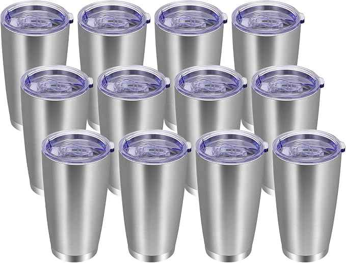 VEGOND 20oz Tumbler with Lid and Straw Stainless Steel Tumbler Cup Bulk Vacuum Insulated Double Wall Travel Coffee Mug Powder Coated Coffee Cup, Stainless, 12 Pack