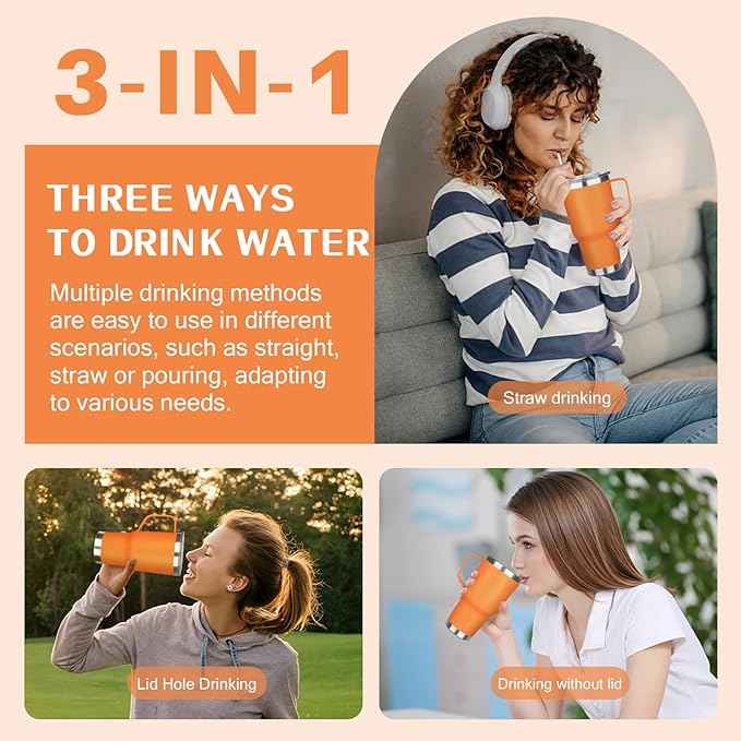 30 oz Tumbler with Handle, Stainless Steel Insulated Tumbler with Lid and Straw, Double Wall Vacuum Coffee Mug Tumbler, Insulated Coffee Thermal Cup for Cold and Hot (Orange)