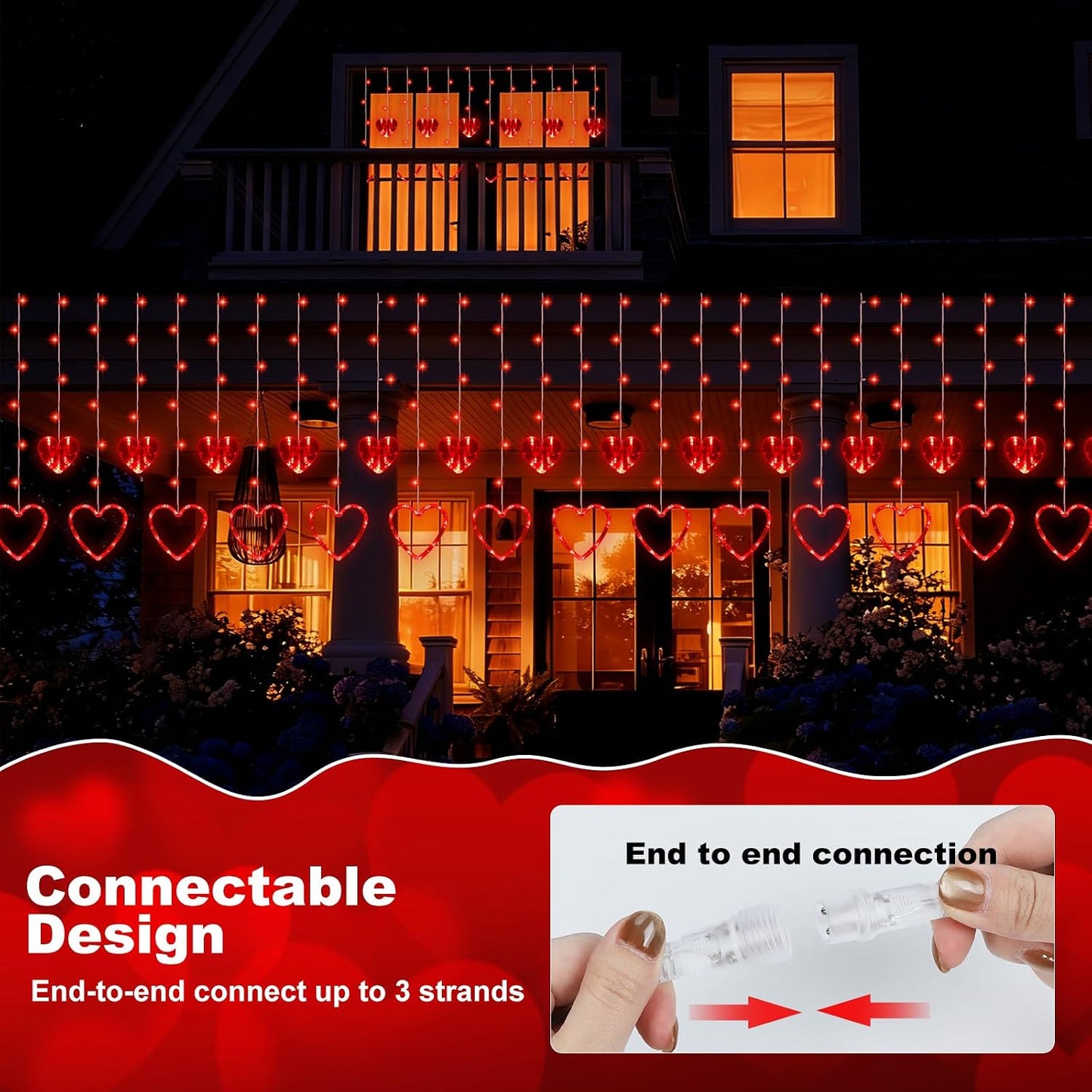 Valentines Day Decor,Red Heart-Shaped String Lights 12 Hearts 138 LED Fairy Light 8 Lighting Modes Connectable Window Curtain Lights for Bedroom Valentine's Day Wedding Home Anniversaries Party Decor