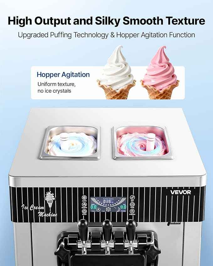 VEVOR Commercial Ice Cream Machine, 20-28L/H Yield, 2200W 3-Flavor Countertop Soft Serve Ice Cream Maker with 2 x 6L Hoppers & Hopper Agitation, Pre-Cooling Self-Cleaning for Snack Dessert Shops