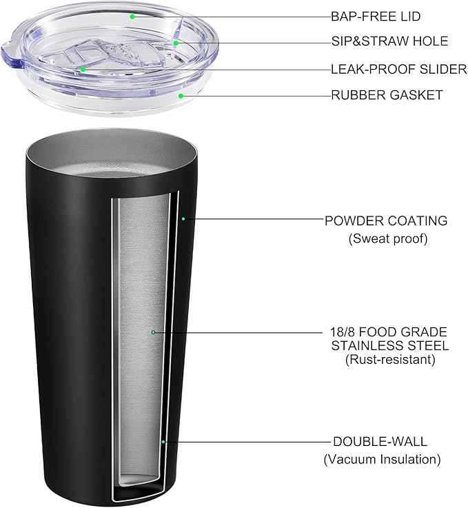 VEGOND 20oz Tumbler Bulk with Lid and Straw 6 Pack, Stainless Steel Vacuum Insulated Tumbler, Double Wall Coffee Cup Travel Mug, Black