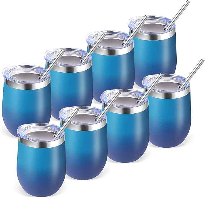 Volhoply 12oz Stainless Steel Wine Tumbler with Lid Bulk 8 Pack,Double Wall Vacuum Stemless Wine Glasses,Reusable Metal Travel Coffe Mug with Straw,Insulated Cup Gifts for Christmas（Dark Night,8 Set）