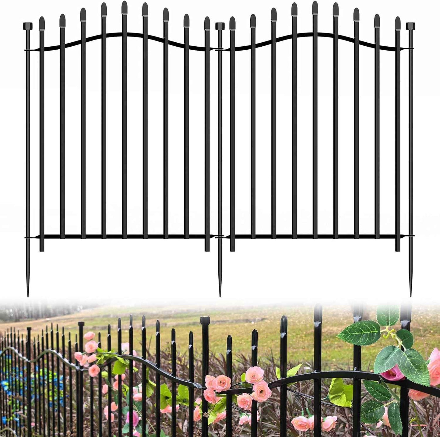 10 Panels No Dig Decorative Garden Fence - 32in H x 22.5ft L, Tall Heavy-Duty Square Tube Animal Barrier, Rustproof Metal Border Fencing for Yard, Outdoor Dog Playpen & Flower Beds