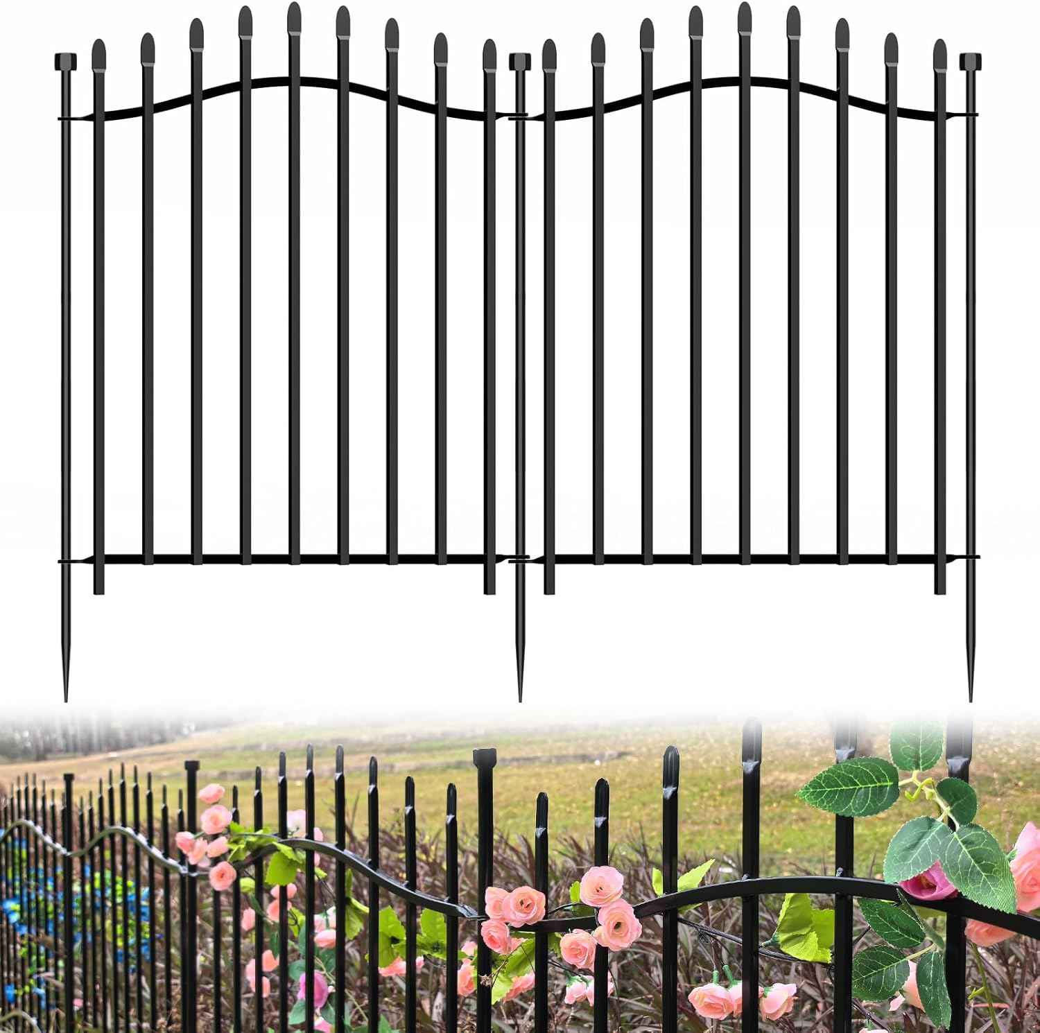 10 Panels No Dig Decorative Garden Fence - 32in H x 22.5ft L, Tall Heavy-Duty Square Tube Animal Barrier, Rustproof Metal Border Fencing for Yard, Outdoor Dog Playpen & Flower Beds
