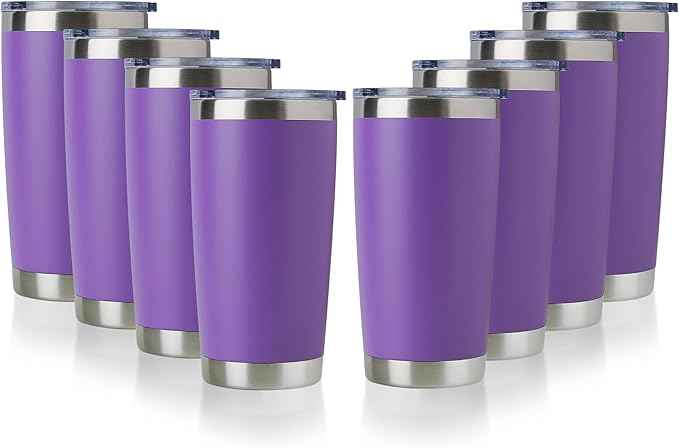 DOMICARE 20oz Stainless Steel Tumbler Bulk with Lid, Double Wall Vacuum Insulated Travel Mug, Powder Coated Coffee Cup, Powder Purple, 8 Pack