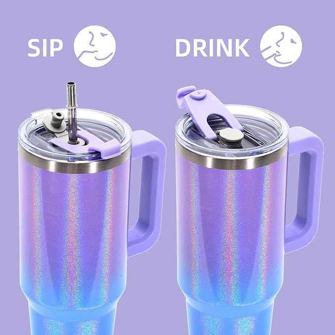30 oz Shiny Tumbler with Handle and Straw,Stainless Steel Tumbler with Lid and Straw,Insulated Travel Mug(Cold for 34 Hours),Water Bottle for Iced Tea,Coffee (Purple)