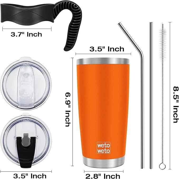 WETOWETO 20oz Tumbler with 2 lids and 2 straws, Stainless Steel Vacuum Insulated Water Coffee Tumbler Cup, Double Wall Powder Coated Spill-Proof Travel Mug Thermal Cup (Orange, 1 Pack)