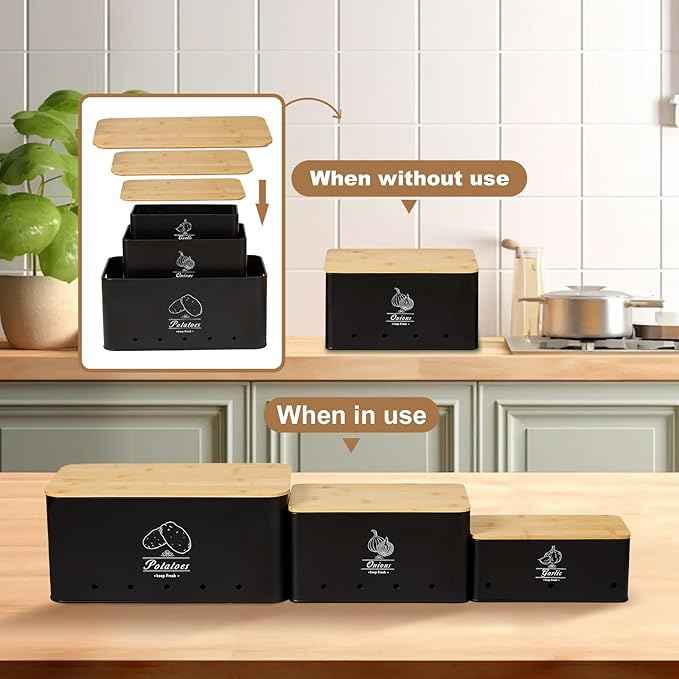 3 Pack Metal Vegetable Storage,Onion Storage,Potato Storage and Garlic Storage Set,Kitchen Vegetable Keeper,Stackable Pantry Organizers with Ventilation Holes and Bamboo Lids(BLACK)