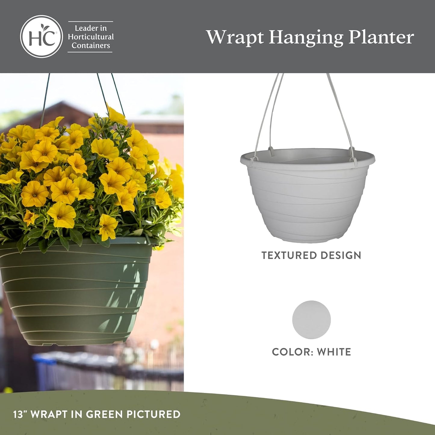 The HC Companies Wrapt Hanging Planters - Lightweight Plant Pot Hanger for Hanging Plants, Vegetables & Herbs - Outdoor & Indoor Hanging Basket for Plants (13" White, Pack of 2)