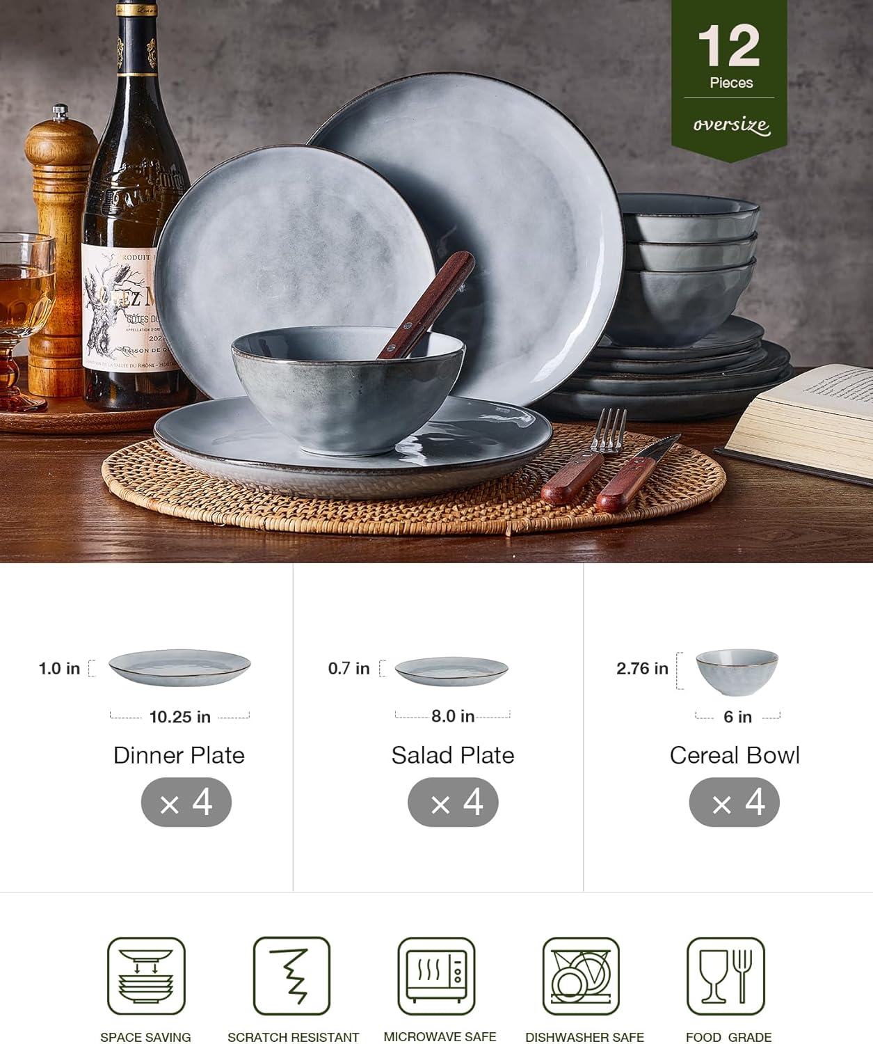 Famiware Dinnerware Sets for 4, Ocean Round 12-Piece Kitchen Plates and Bowls Sets, Reactive Glaze, Microwave and Dishwasher Safe, Scratch Resistant, Grey