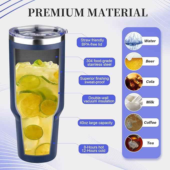 40 oz Tumbler with Lids and Straws Double Wall Vacuum Insulated Tumbler Cup,Stainless Steel Leak-proof Thermal Tumbler Powder Coated Travel Coffee Mug for Cold and Hot Drinks,Navy Blue