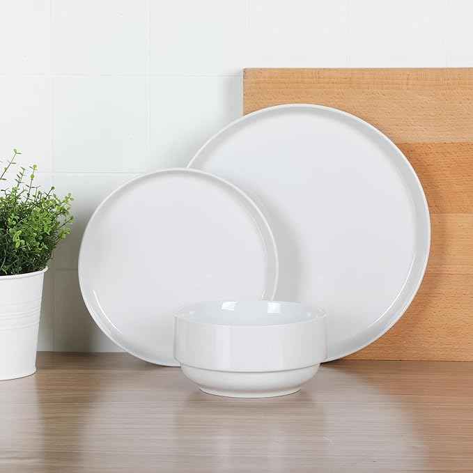 Gibson Home Rothernberg 18-Piece Stackable Porcelain Dinnerware Set, Service for 6 – White Plates and Bowls, Microwave & Dishwasher Safe
