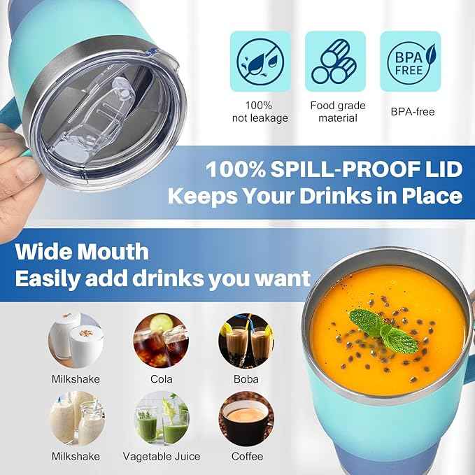 30 oz Stainless Steel Tumbler with Handle, Double Wall Vacuum Insulated Coffee Mug with Lid and Straw, Thermal Cup for Cold and Hot (Light Dark Blue)