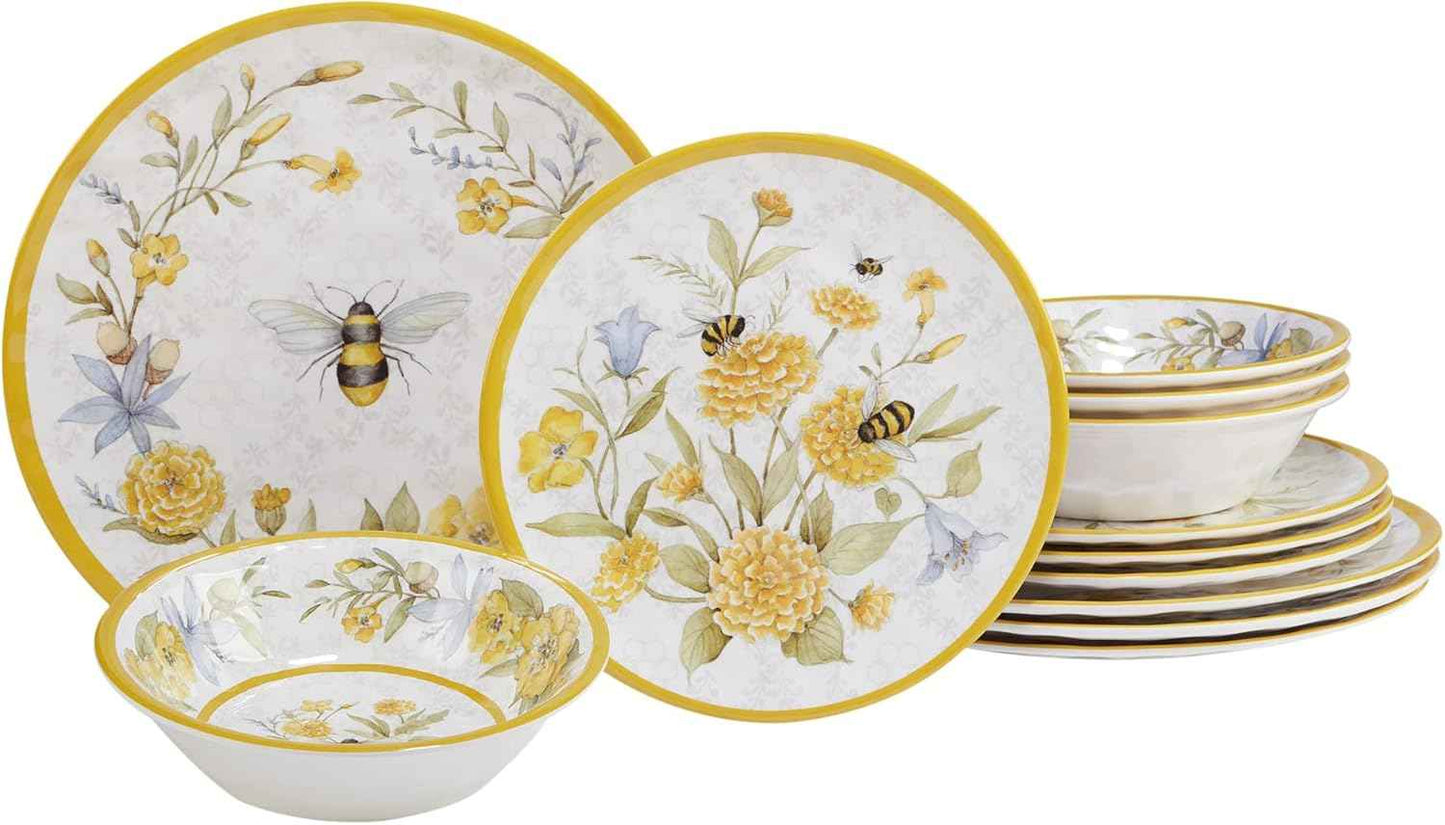 Certified International Bee Sweet 12-Piece Melamine Dinnerware Set, Service for 4, Bee & Floral Plates and Bowls, Durable Shatterproof Outdoor Tableware for Spring & Summer Entertaining