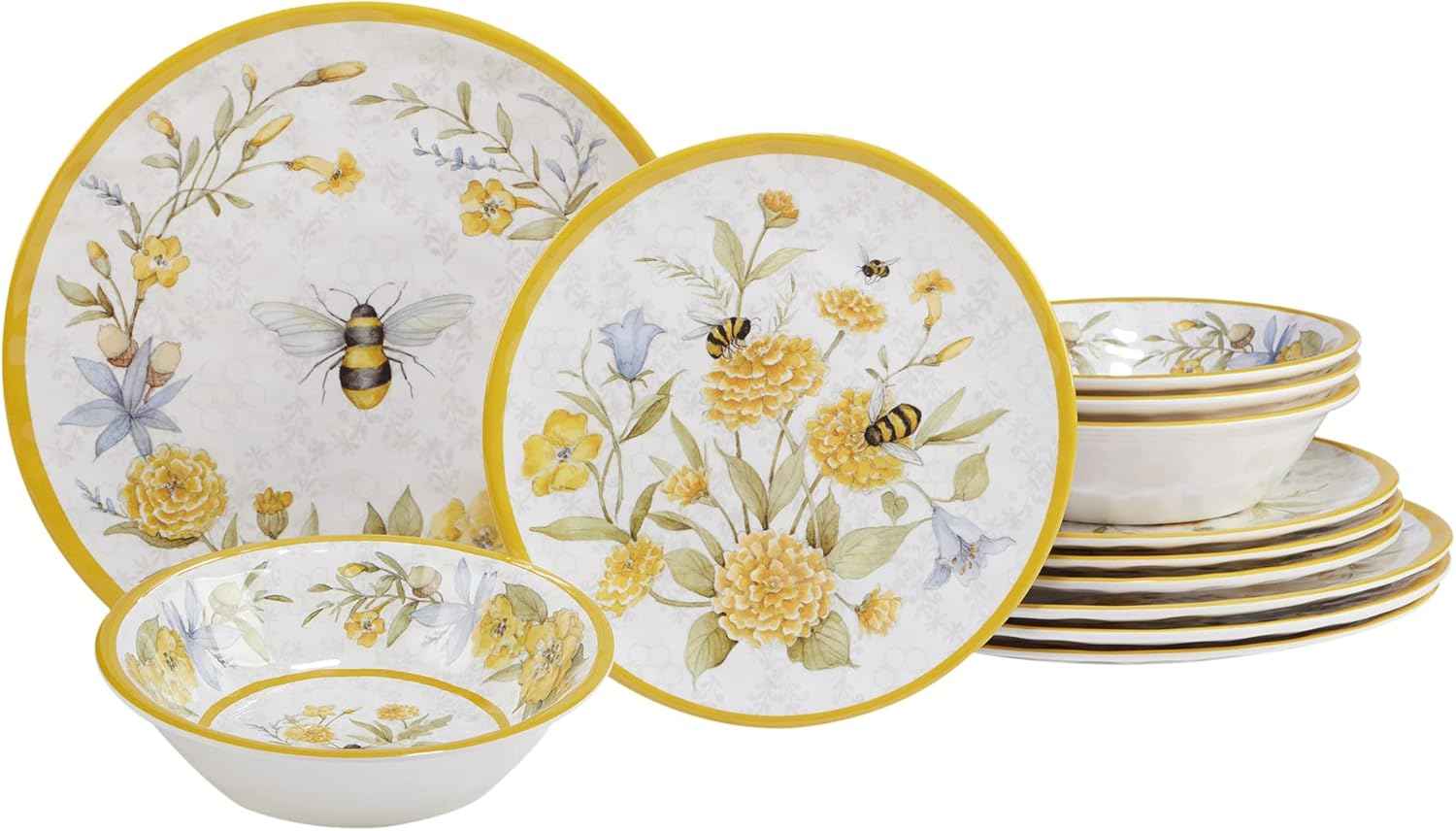 Certified International Bee Sweet 12-Piece Melamine Dinnerware Set, Service for 4, Bee & Floral Plates and Bowls, Durable Shatterproof Outdoor Tableware for Spring & Summer Entertaining