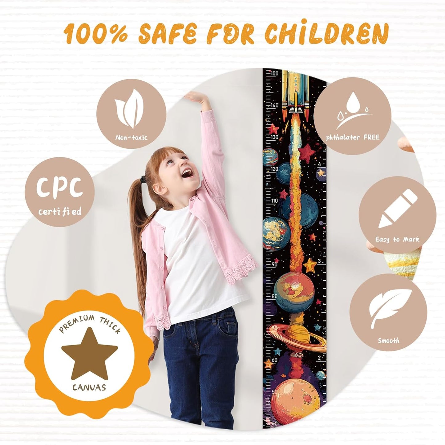 Personalized Name Growth Chart Wall Decor for Kids – Canvas Removable Height Chart Measuring Ruler 59" x 7.9" (Rocket)