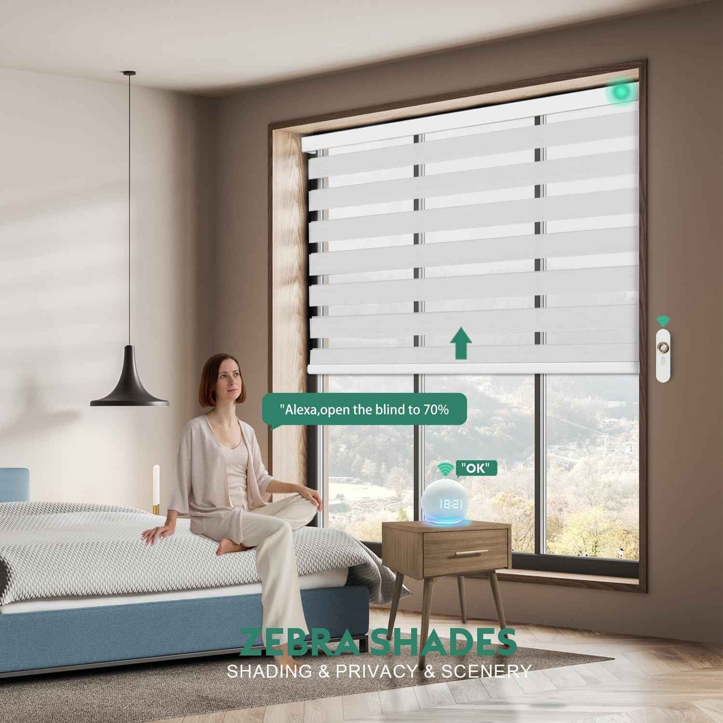 Motorized Zebra Blinds with Remote, Work with HomeKit Alexa Automatic Electric Window Shades 90% Blackout Light Filtering for Smart Home and Office, Customized Size Classic White