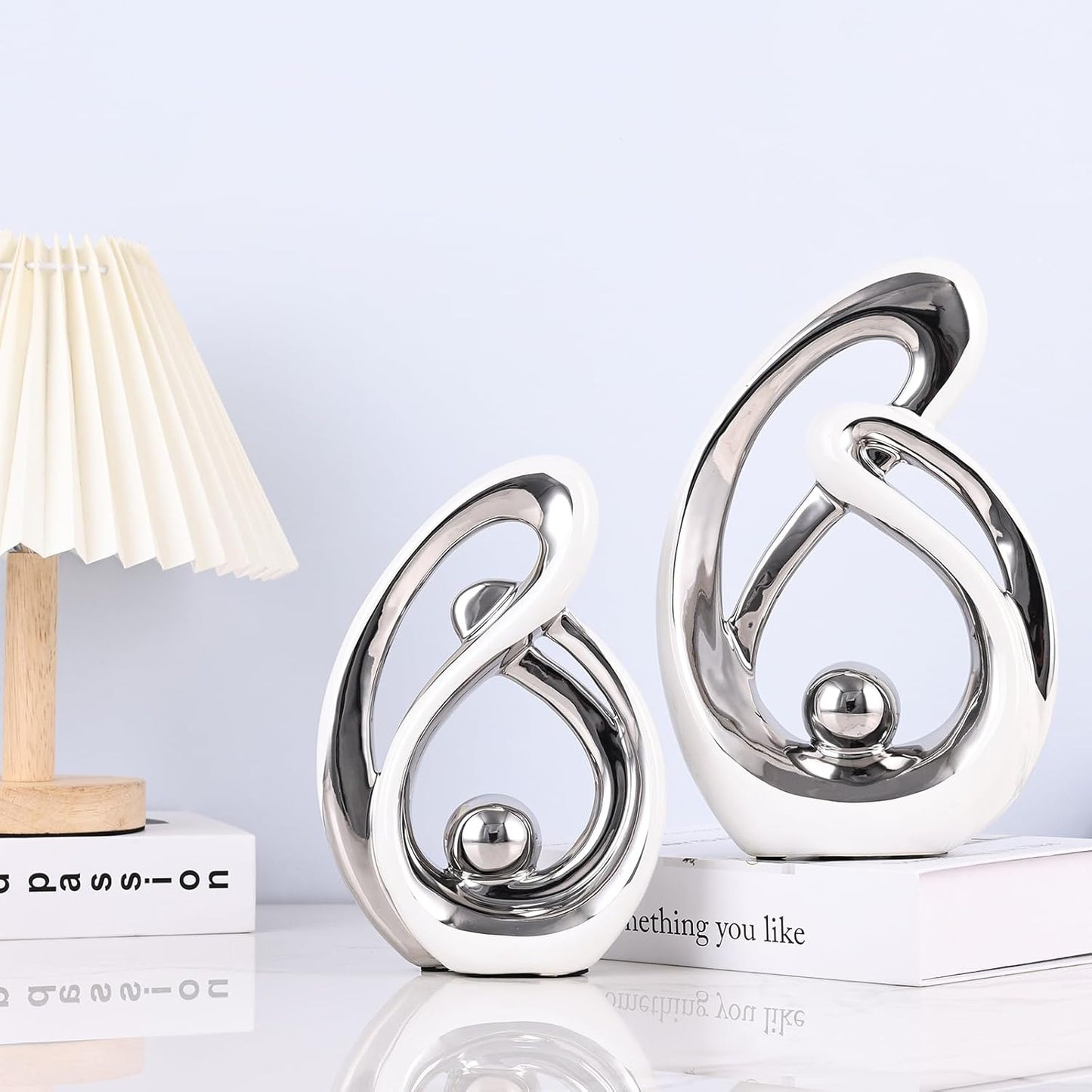 Abstract Ceramic Statue Set of 2, White and Silver Home Decor, Modern Art Living Room Decor, Room Accessories tv cabinets Bookshelves dividers Dining Table centerpieces, Foyer Entry Decor.