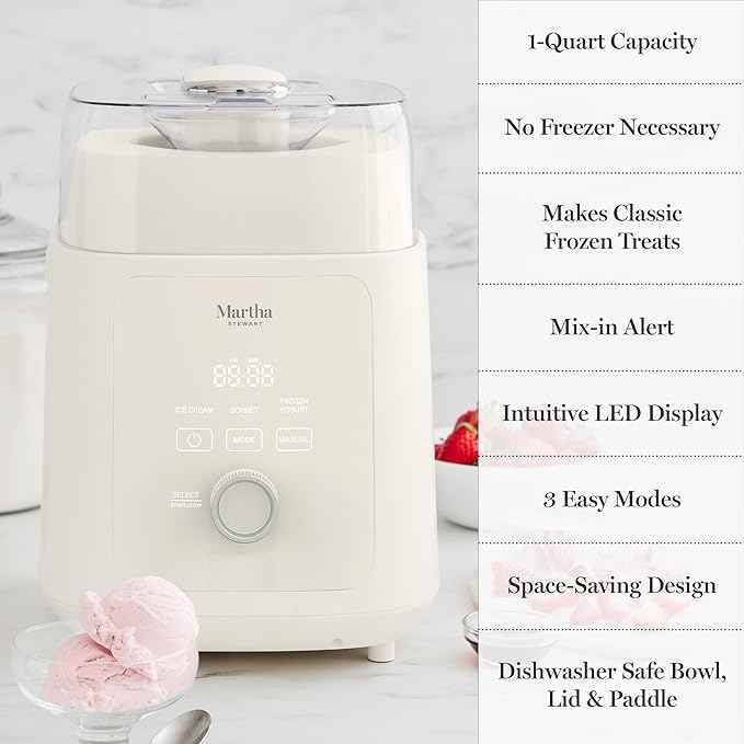 Martha Stewart 1 Quart Ice Cream Maker, Built-In Compressor, No Pre-Freezing Required, 3 Modes (Ice Cream, Sorbet, Frozen Yogurt), Automatic Mix-In Alert, Dishwasher-Safe Parts, Linen White