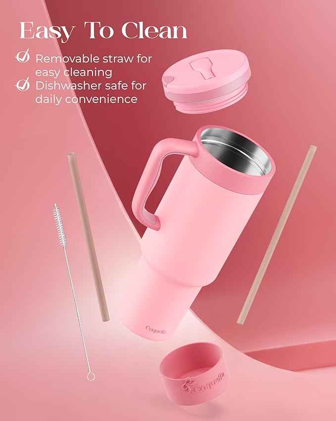 40 oz Insulated Tumbler with Handle and Push-Button Straw Lid, Stainless Steel Travel Cup for Gym Office, Leakproof, BPA-Free, Cup Holder Friendly, Bow Silicone Boot, Pink (Rose Quartz)