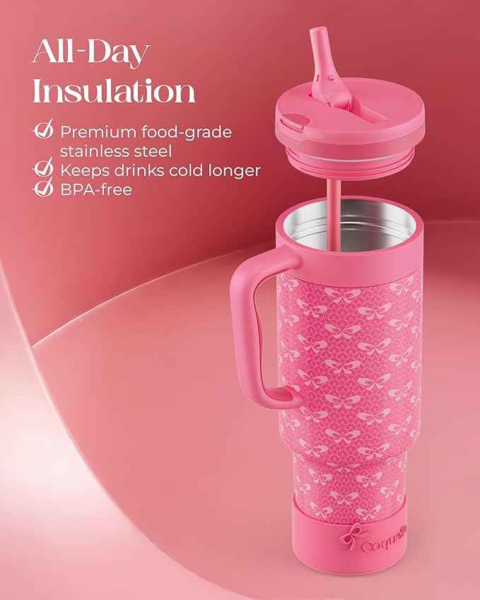 40 oz Insulated Tumbler with Handle and Push-Button Straw Lid, Stainless Steel Travel Cup for Gym Office, Leakproof, BPA-Free, Cup Holder Friendly, Bow Silicone Boot, Pink (Coquette Fuchsia)