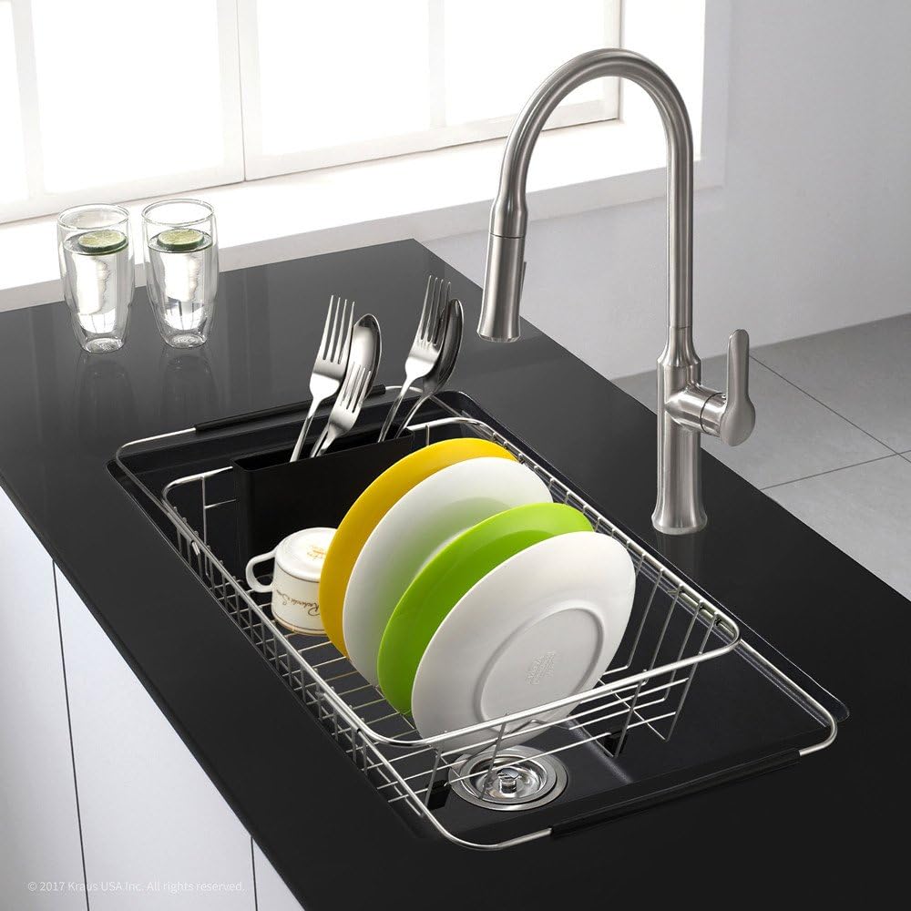 SANNO Dish Drying Rack with Stainless Steel Utensil Holder Large Dish Rack Drainer Drain Expandable Shelf Dish Rack in Sink or Over Sink or On Counter Rustproof Stainless Steel
