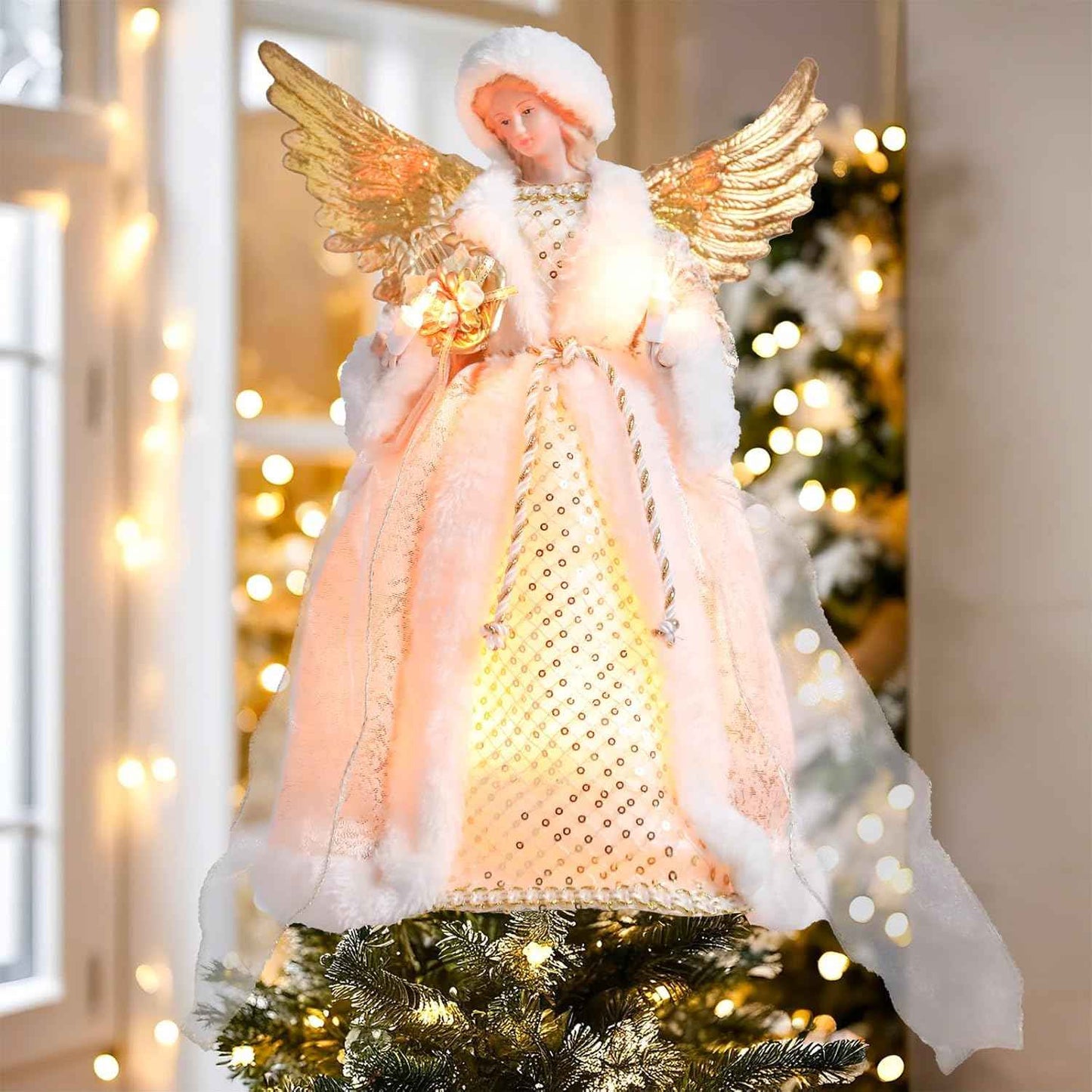 Angel Tree Topper with Lights, 12 Inch Christmas Tree Topper Angel Figurine with Lyre Christmas Tree Angel Treetop for Indoor Home Holiday Party, Champagne Gold