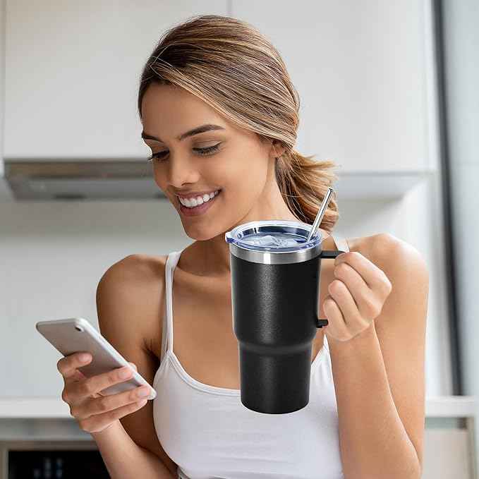 20 oz Tumbler with Handle, insulated cup coffee mug with lid, straw and handle, Double Wall Stainless Steel Vacuum Coffee Tumbler travel mug spill proof, 1pcs Black