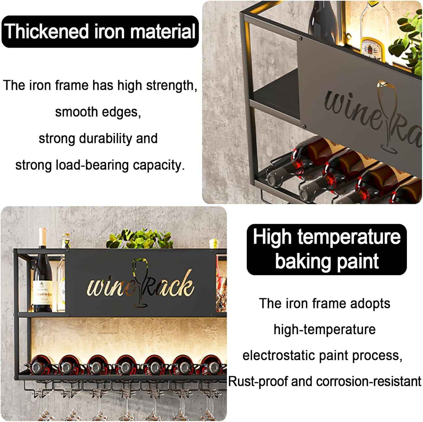 Modern Wine Rack Wall Mounted with Glass Holder,Metal Liquor Shelf, Floating Bar Shelves,Liquor Bottle Display Shelf,Hanging Large Capacity Wine Storage Racks for Home Kitchen Dining Room